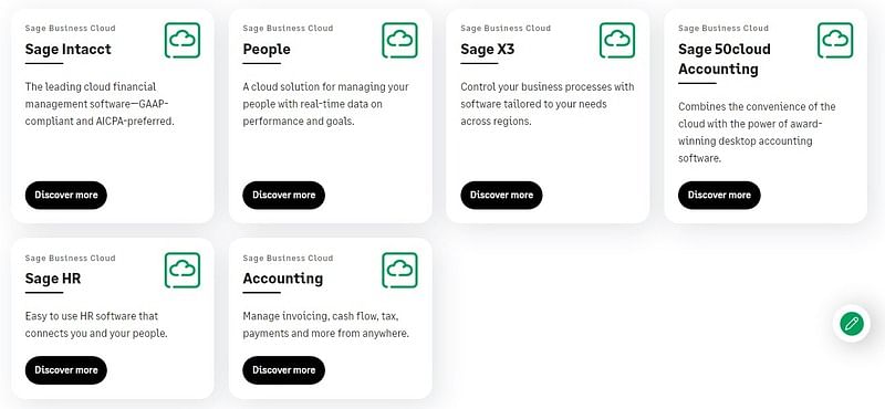 Screenshot of Sage’s product catalog, including Sage Intacct, People, Sage X3, Sage 50cloud Accounting, Sage HR, and Accounting.