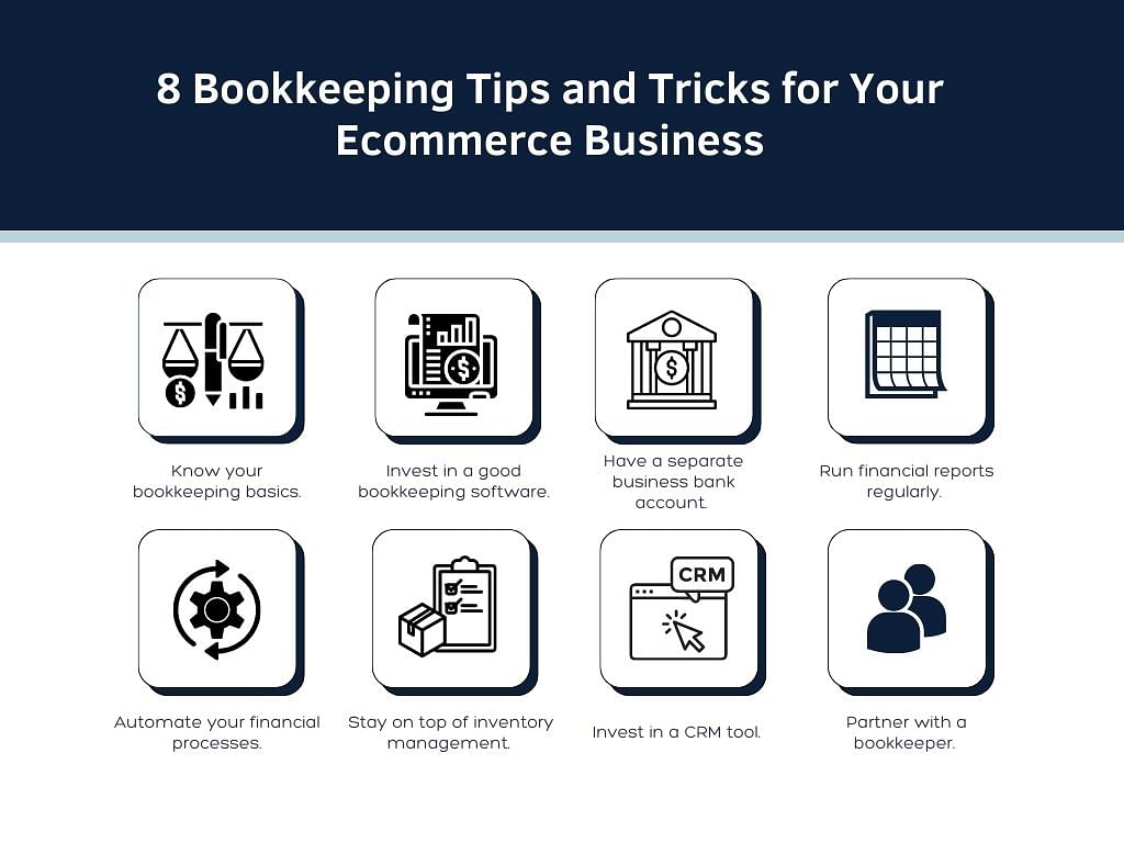 a graphic showing eight bookkeeping tips and tricks for ecommerce businesses, from top left to bottom right: know your bookkeeping basics, invest in a good bookkeeping software, have a separate business bank account, run financial reports regularly, automate your financial processes, stay on top of inventory management, invest in a crm tool, partner with a bookkeeper. 