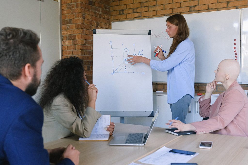 An expert presenting a graph model sketched on a small whiteboard in front of a diverse audience sitting around a boardroom table