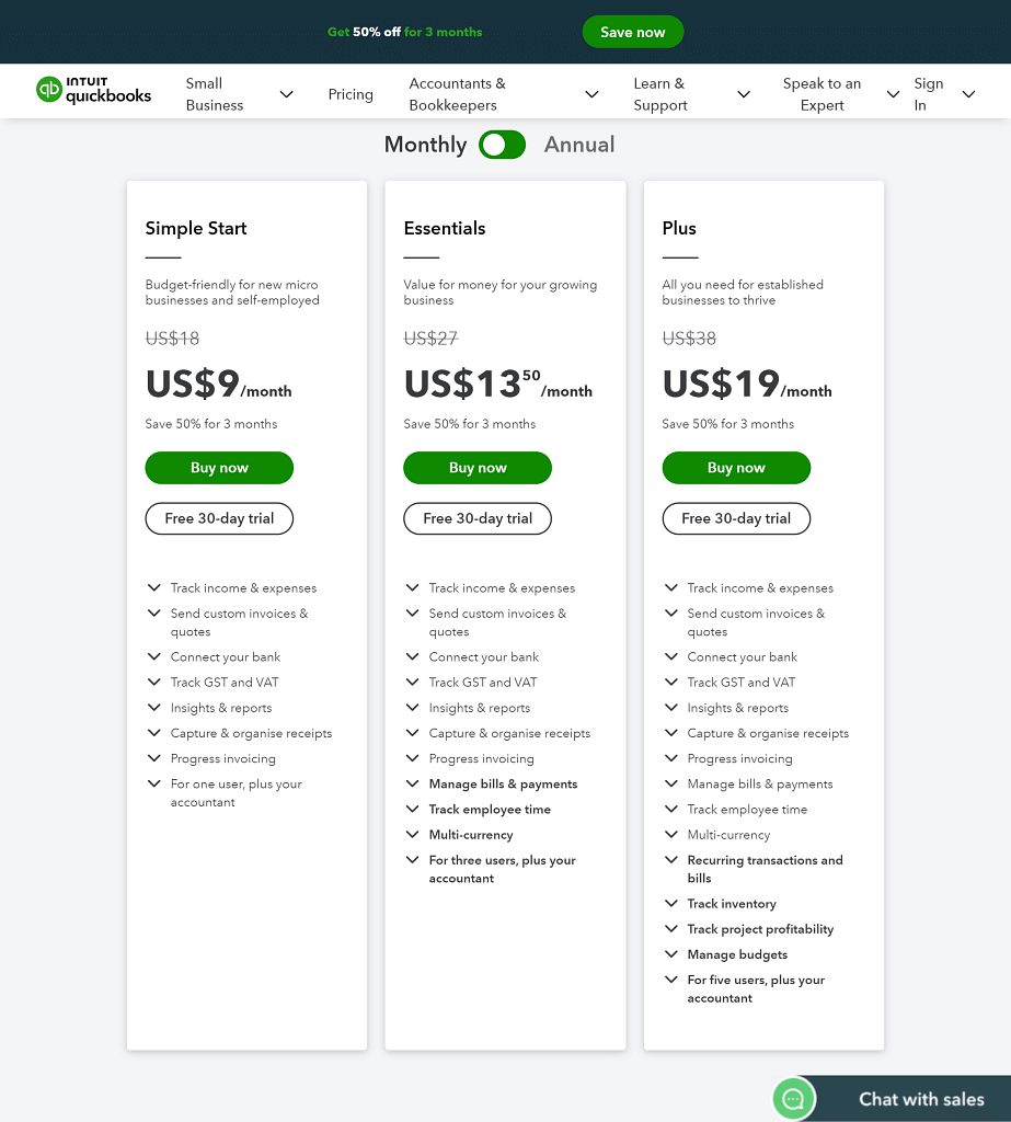 QuickBooks current subscription plan - simple start, essentials, and plus